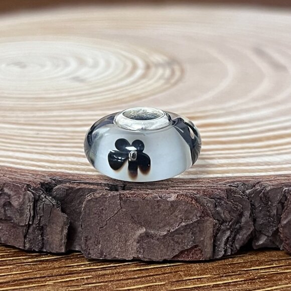 Murano Glass Black Flower White Clear Bead Charm - Picture 6 of 6